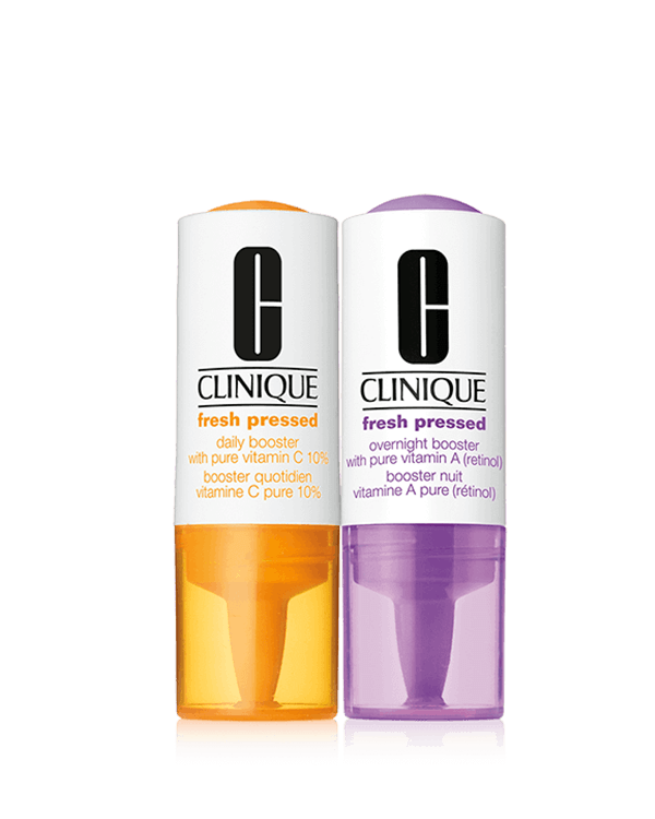 Clinique Fresh Pressed Clinical™, Potenciadores de Tratamiento de Día y Noche con 10% de pura Vitamina C + Vitamina A (Retinol), Nuestros potenciadores antiedad de día y noche más frescos y poderosos.